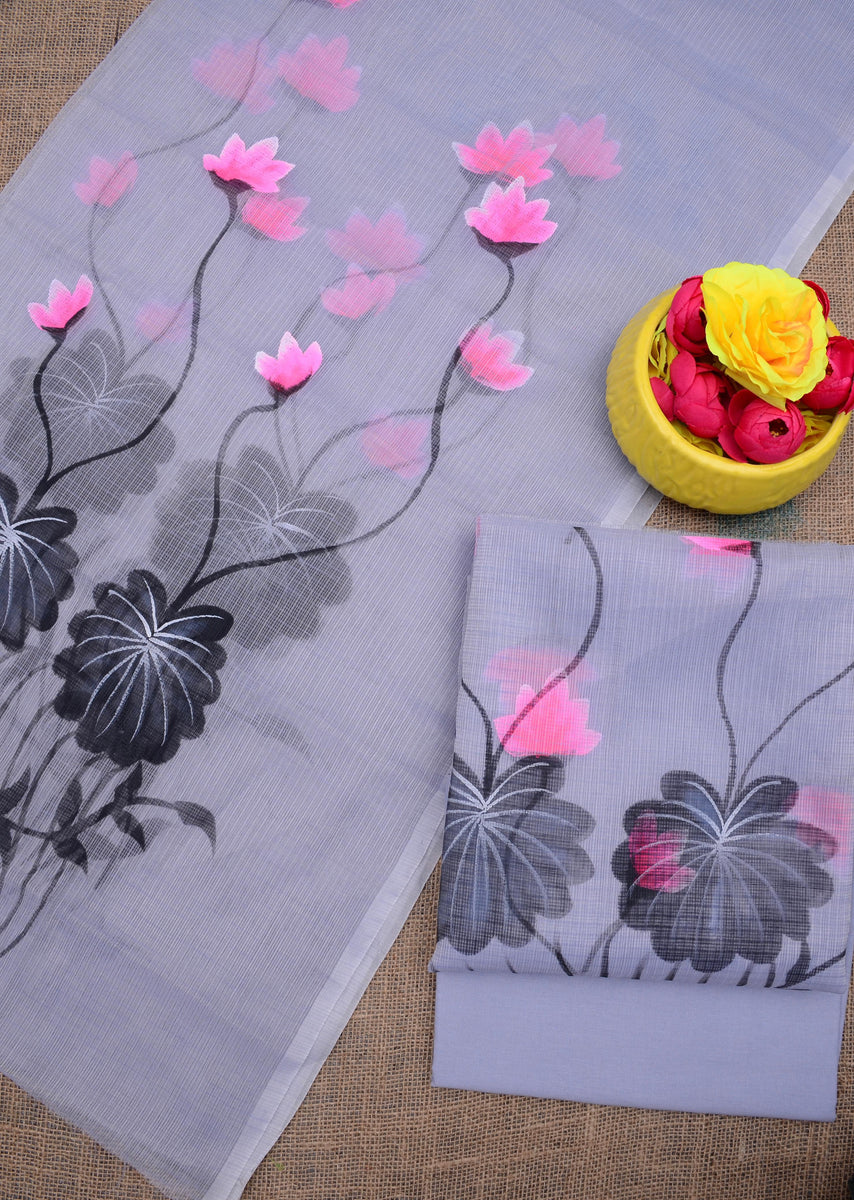 Elegant Hand-Painted Grey Kota Doria Dress Material | Shop Online | Trend  In Need