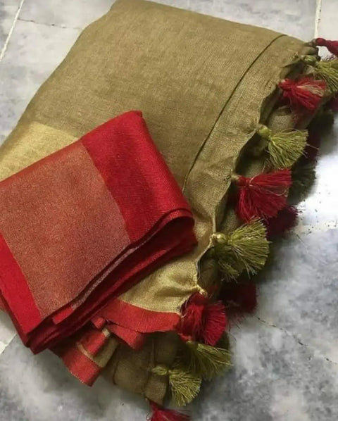 Linen Cotton Plain Saree - Beige and Red Color