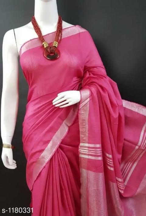 Plain Cotton Linen Saree - Pink Color