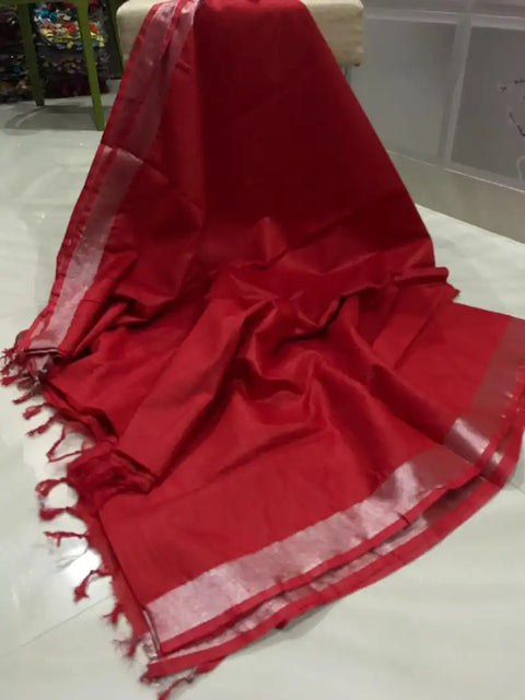 Cotton Mix Linen Saree - Red Color