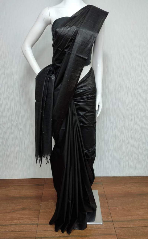 Kota Cotton Silk Saree Fancy Thread Woven Lines - Black