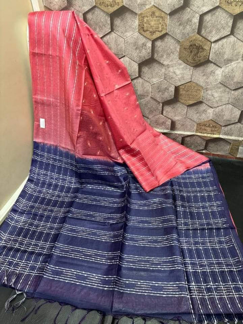 Cotton Silk All Over Stripes Woven Saree - Pink & Blue