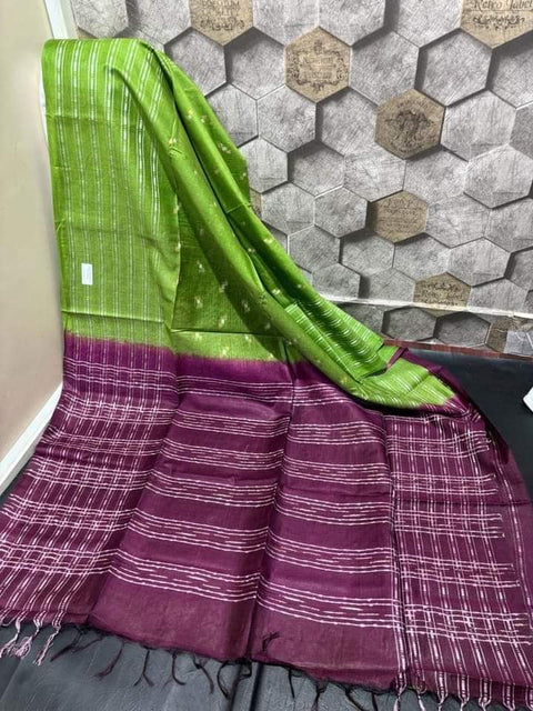 Cotton Silk All Over Stripes Woven Saree - Green & Violet