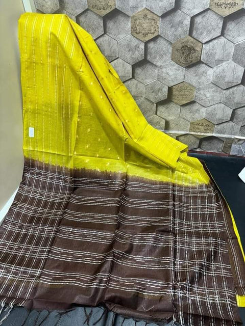 Cotton Silk All Over Stripes Woven Saree - Yellow & Brown