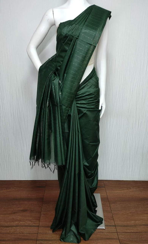 Kota Cotton Silk Saree Fancy Thread Woven Lines - Dark Green