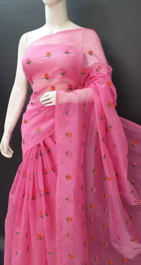 Kota Doria Embroidered Work Saree -  Pink Colour