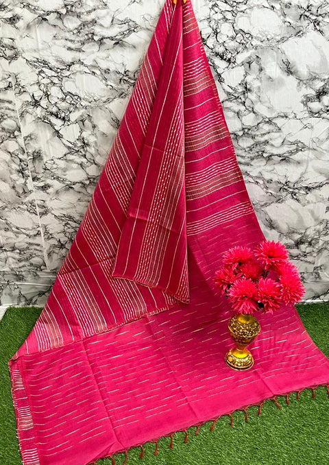 Kota Baswada Silk Saree  With Woven Sequence Lines - Rani Pink Color