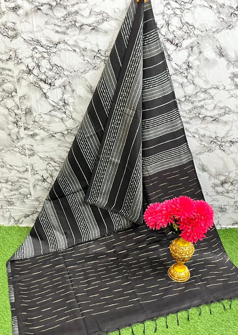 Kota Baswada Silk Saree  With Woven Sequence Lines - Black Color