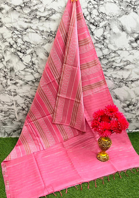 Kota Baswada Silk Saree  With Woven Sequence Lines -  Pink Color