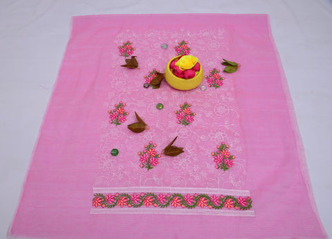 Kota Doria Embroidery Suits - Pink color
