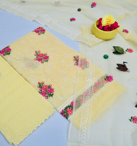 Kota Doria Embroidery Suits - Yellow Color