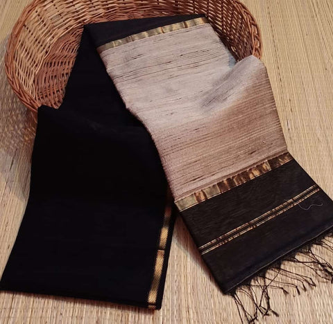 Maheshwari Handloom Semi Tussar Silk Saree- Black