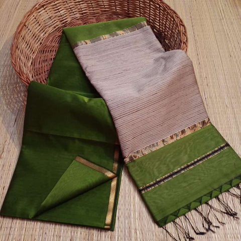Maheshwari Handloom Semi Tussar Silk Saree- Green