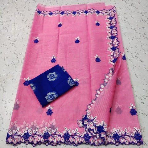 Kota Doria Cotton Embroidered Saree - Pink Color