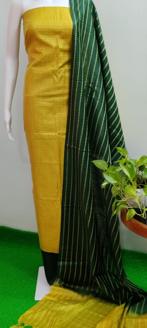 Cotton Silk Woven Design Unstitched Dress Material for Women Yellow and Green Color Trend In Need