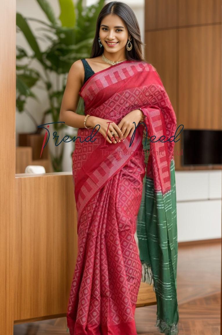 Bhagalpuri Silver Woven Design Cotton Silk Saree Red Green Color