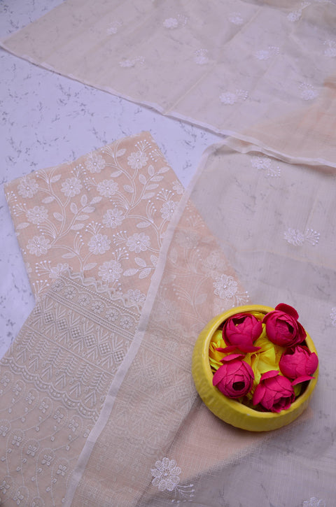 Kota Doria Embroidered Suits - Beige - Trend In Need