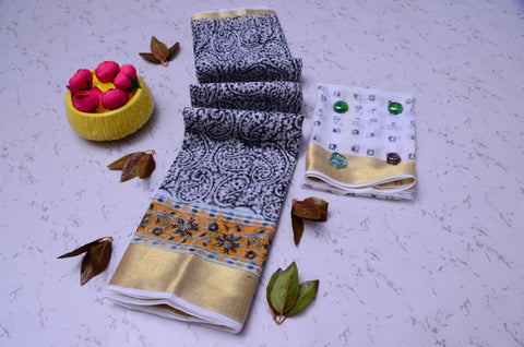 Kota Doria Pure Cotton Hand Block Printed Saree - Black Color - Trend In Need