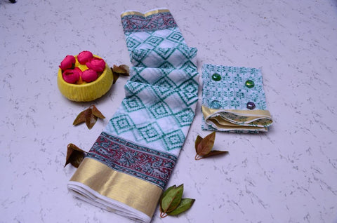 Kota Doria Pure Cotton Hand Block Printed Saree- Green Color - Trend In Need
