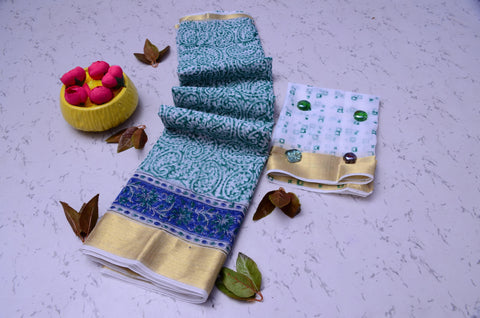 Kota Doria Pure Cotton Hand Block Printed Saree - Green Color - Trend In Need