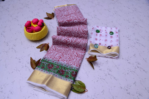 Kota Doria Pure Cotton Hand Block Printed Saree - Red Color - Trend In Need