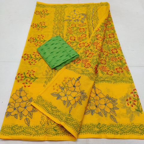 Machine Embroidered and Printed Kota Doria Cotton Saree Yellow Green Color - Trend In Need