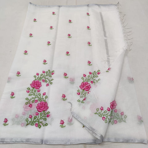 Machine Embroidered Kota Doria Cotton Saree - White - Trend In Need