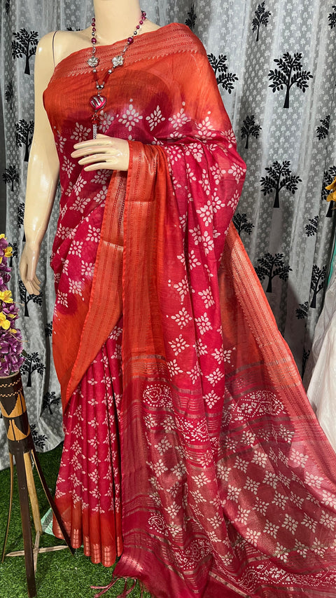 Maheshwari Border Kota Cotton Batik Print Silk Saree - Red - Trend In Need