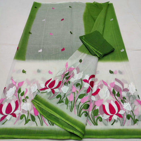 Pure Cotton Embroidered Kota Saree - Green Color - Trend In Need