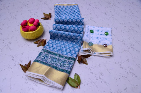 Pure Cotton Hand Block Kota Doria Saree - Blue Color - Trend In Need