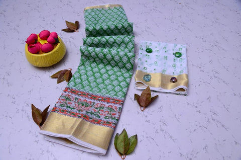 Pure Cotton Hand Block Kota Doria Saree - Green Color - Trend In Need