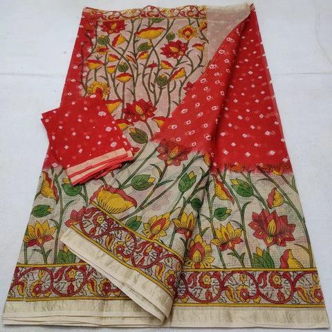 Pure Cotton Screen Printed Kota Doria Bandhej Saree - Red Color - Trend In Need