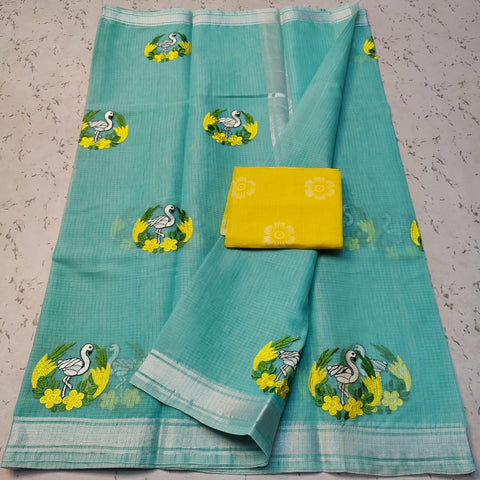 Cotton Mix Kota Doria Blue Color Embroidery Saree - Trend In Need