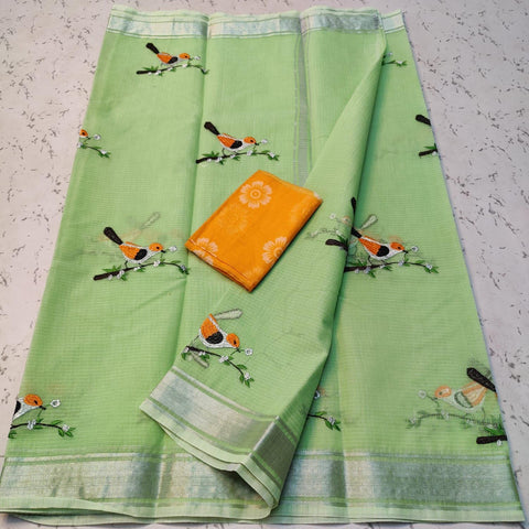 Cotton Mix Kota Doria Green Color Embroidery Saree - Trend In Need