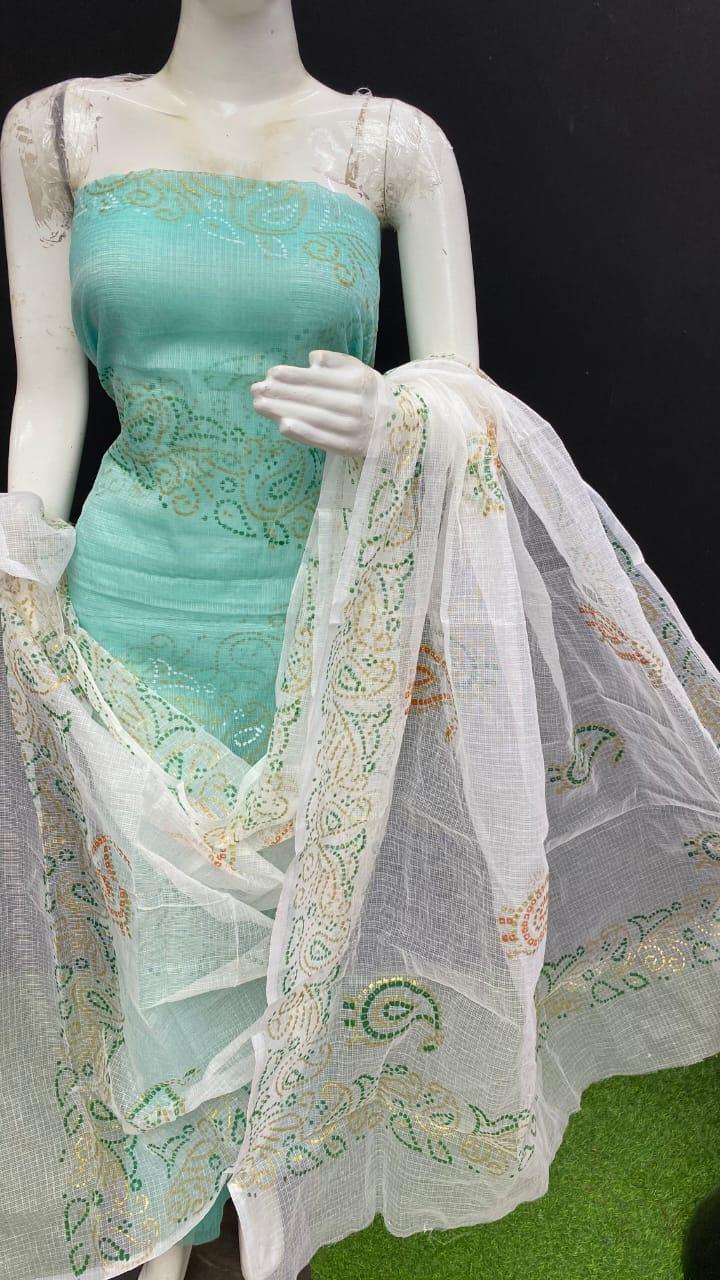 Green - 3pc Block Print Kota Doria Cotton Sanganeri Unstitched Dress Material 22