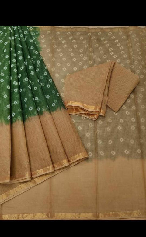 Pure Cotton Bhandhani Print Kota Doria Beige Color Sarees - Trend In Need