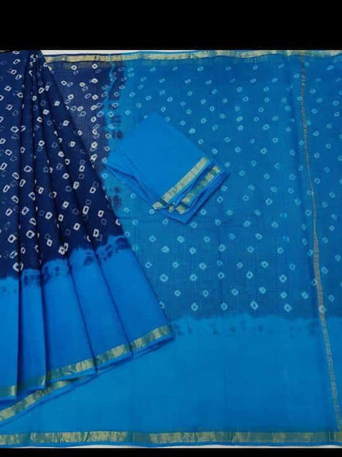 Pure Cotton Bhandhani Print Kota Doria Blue Color Sarees - Trend In Need