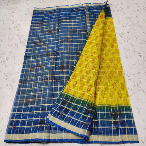 Pure Cotton Kota Hand Block Printed Navy Blue Yellow Color Saree - Trend In Need