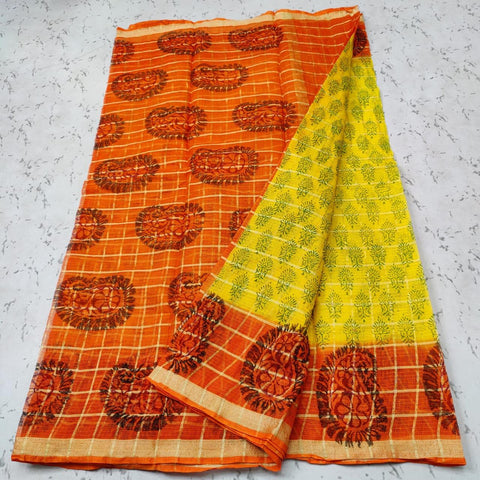 Pure Cotton Kota Hand Block Printed Orange Yellow Color Saree - Trend In Need