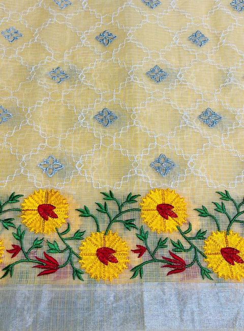 Yellow Color Embroidered Kota Doria Saree - Trend In Need