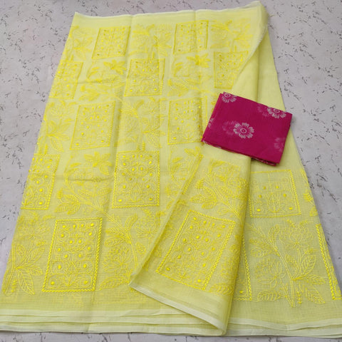 Yellow Color Machine Embroidered Kota Doria Cotton Saree - Trend In Need