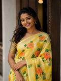 Brush Painted Kota Doria Cotton Mix Saree - Yellow Color