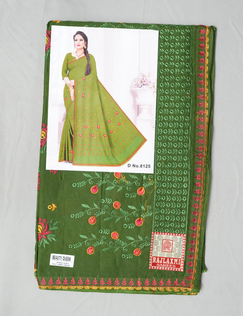 Beauty Queen Pure Cotton Embroidered Saree - Green Color