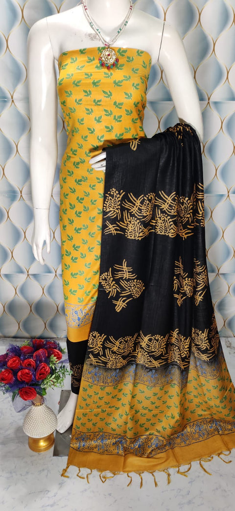 Cotton Silk Blend Dress Material with Printed Design - Yellow color