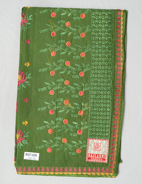 Beauty Queen Pure Cotton Embroidered Saree - Green Color