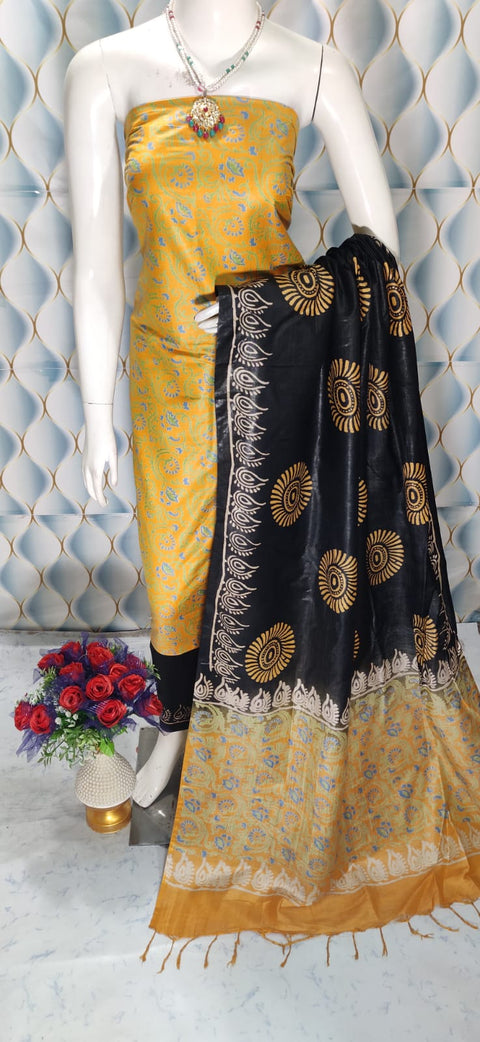 Cotton Silk Blend Dress Material with Printed Design - Dark Yellow color