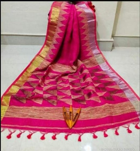 Linen Jamdani Saree with Matching Blouse Piece - Pink Color