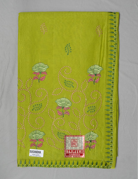 Sugandha Pure Cotton Embroidered Saree - Olive Green Color