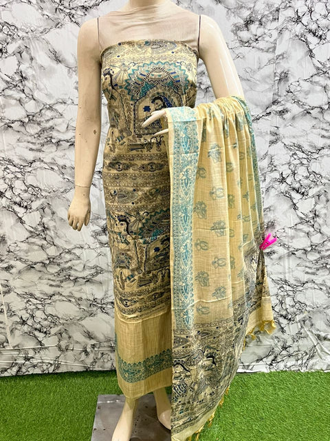 Cotton Silk Blend Dress Material with Printed Design - Light Yellow color