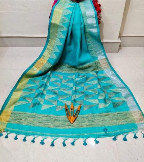 Linen Jamdani Saree with Matching Blouse Piece - Sky Blue Color